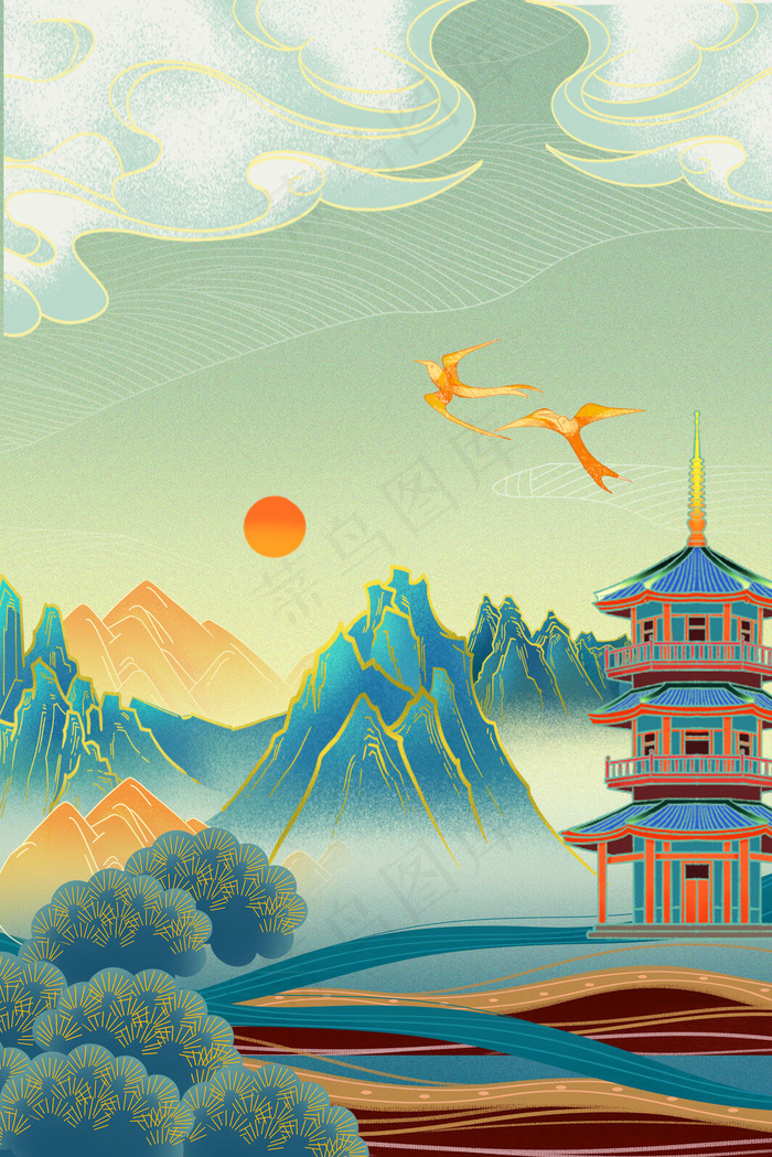 新中式国潮古风山水背景