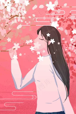 花季少女春天赏花樱花开桃花开春季花开