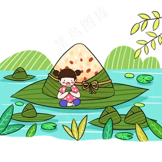 端午节绿色卡通元素吃粽子