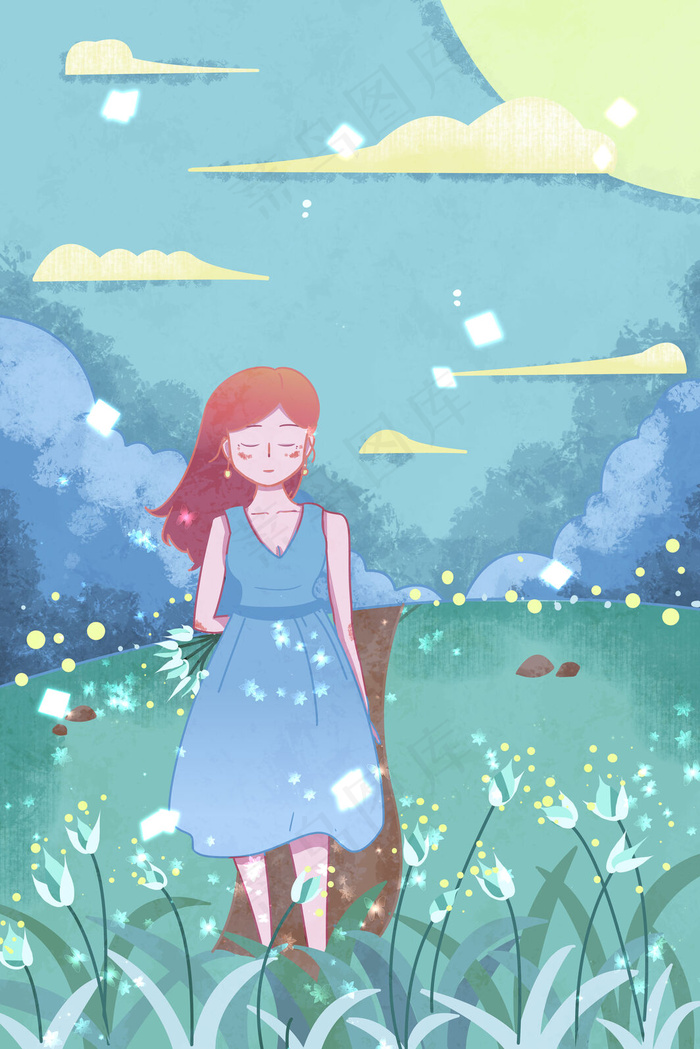 夏天出游的女孩清新插画