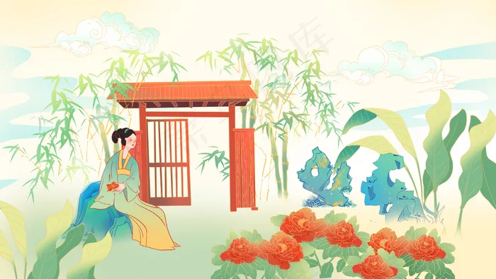 古风女子赏花牡丹(2880*1620px 300 dpi )psd模版下载