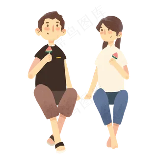 男孩和女孩一起吃西瓜免抠图