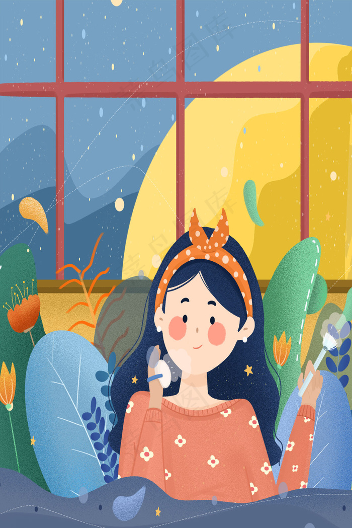 扁平生活化妆女孩治愈