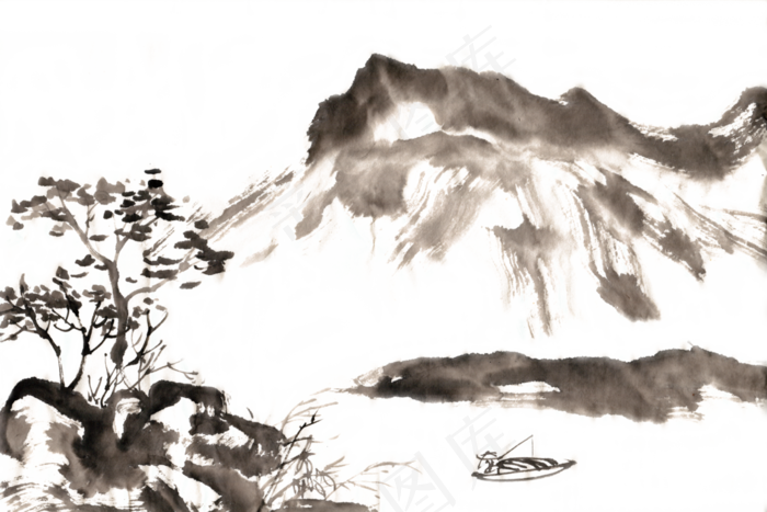 古意江中独钓图水墨画PNG免抠