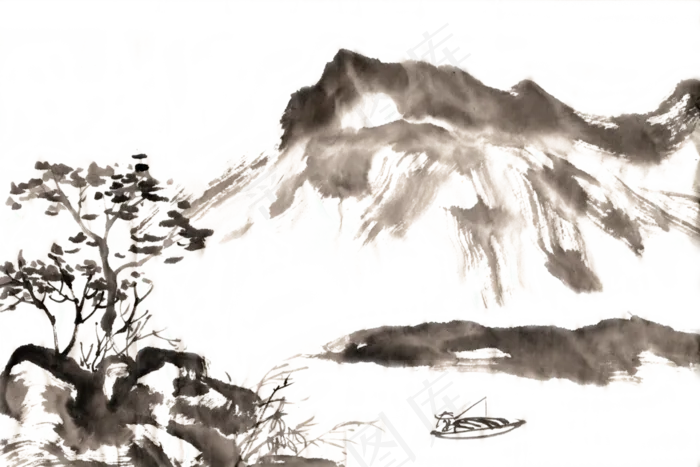 古意江中独钓图水墨画PNG免抠(6000X3999(DPI:300))psd模版下载