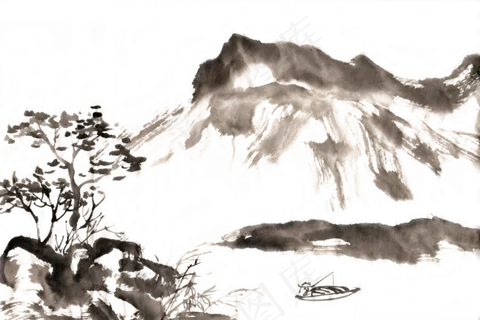 古意江中独钓图水墨画PNG免抠