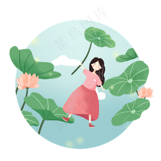 夏季女孩荷叶荷花池塘素材