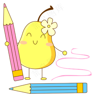 拿着彩色铅笔的可爱拟人化梨子免
