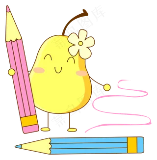 拿着彩色铅笔的可爱拟人化梨子免