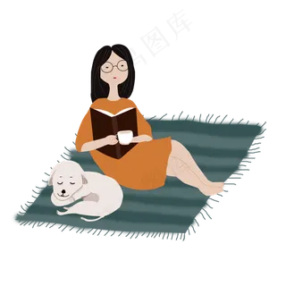 女孩坐在地毯上悠闲的读书PNG手绘,免抠元素