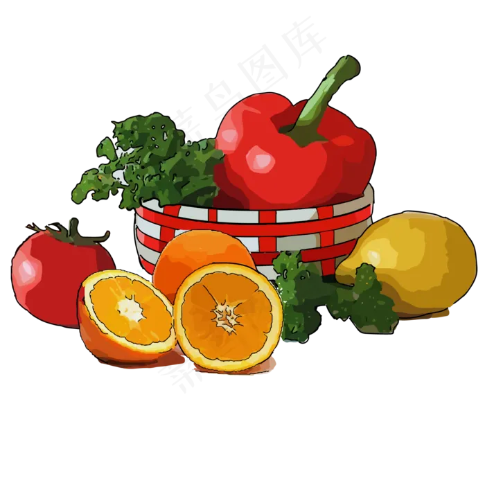 手绘新鲜的水果和蔬菜免抠图(2000X2000(DPI:300))ai矢量模版下载
