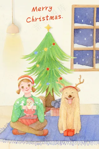水彩手绘圣诞节圣诞树可爱女孩和狗狗