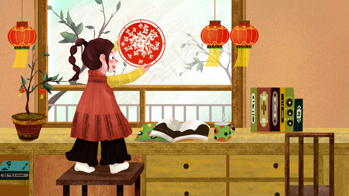 冬日小年节日贴窗花的可爱女孩