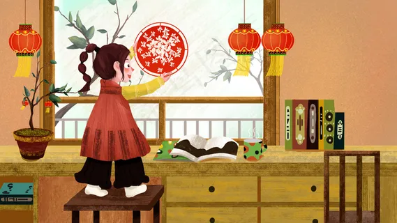 冬日小年节日贴窗花的可爱女孩 冬日小年节日贴窗花的可爱女孩