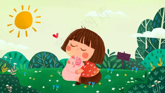 春天卡通小清新小女孩和萌宠拥抱配图 春天卡通小清新小女孩和萌宠拥抱配图