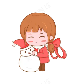 圣诞节平安夜可爱手绘女孩抱雪人,免抠元素