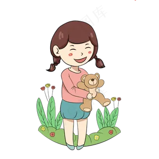 快乐儿童节抱着小熊的女孩手绘