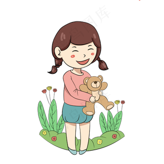 快乐儿童节抱着小熊的女孩手绘