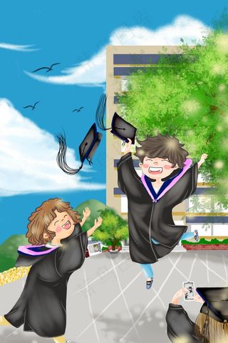 毕业季欢乐大学生穿学士服丢学士帽可爱系图