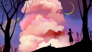 卡通手绘风治愈美景傍晚星空配图