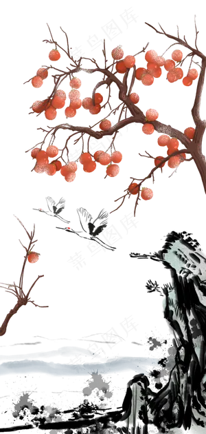 古典柿子树白色水墨中式传统装饰