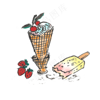 夏天水墨草莓手绘装饰