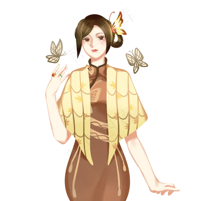 蝴蝶旗袍美女(3000X3000(DPI:299))psd模版下载