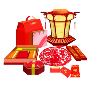 春节喜庆拜年年货鞭炮红灯笼,免抠元素