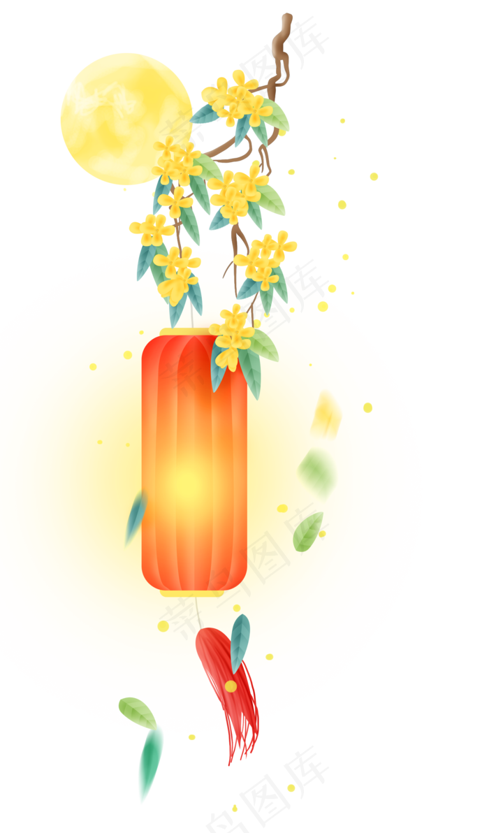 桂花树和红色的古风纸灯,免抠元素(2000X3407(DPI:300))psd模版下载