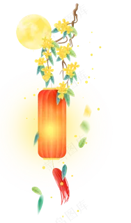 桂花树和红色的古风纸灯,免抠元素