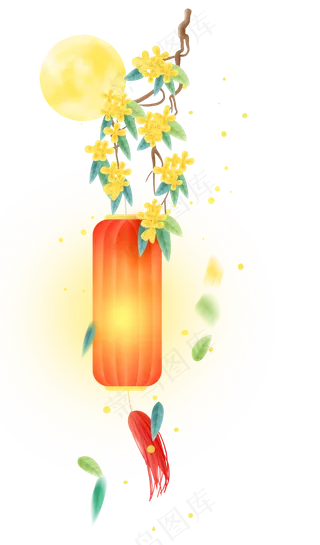 桂花树和红色的古风纸灯,免抠元素