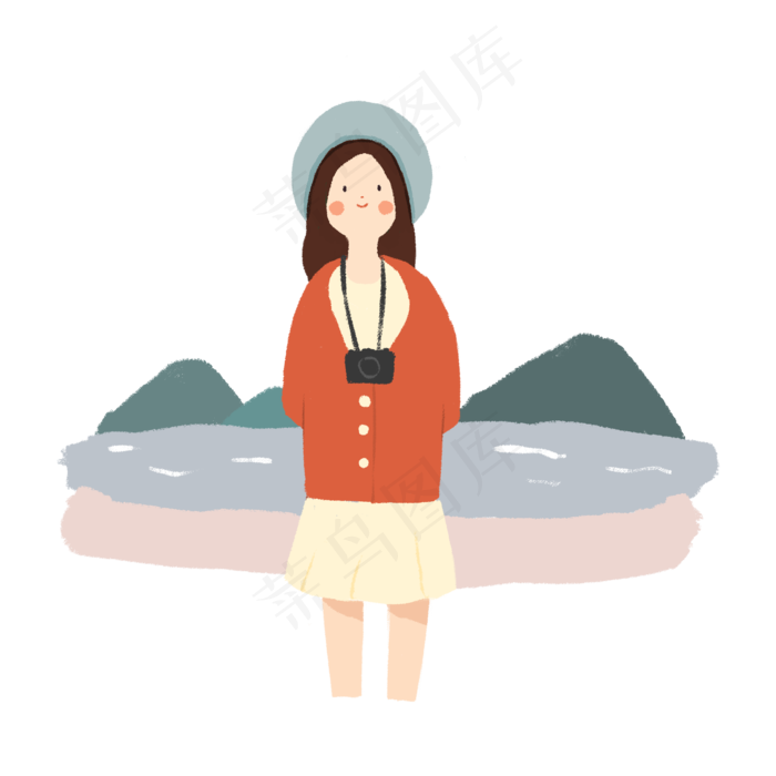 小清新手绘出门旅游正在拍照的小