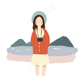 小清新手绘出门旅游正在拍照的小