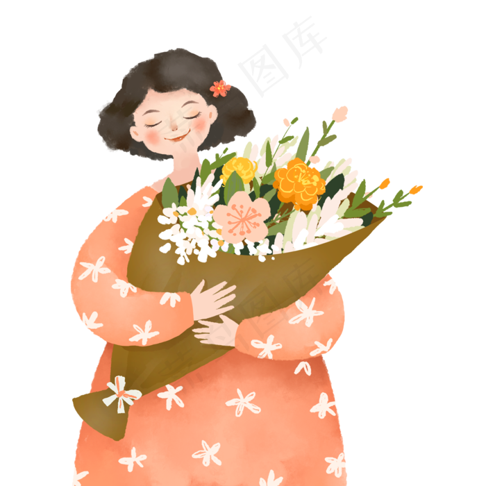 三八妇女节女神的节日抱着花的美,免抠元素