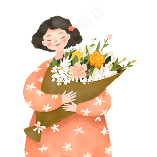 三八妇女节女神的节日抱着花的美,免抠元素