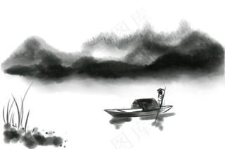 渔人撑船风景水彩画