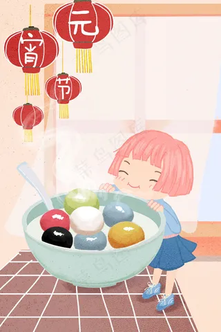 元宵节吃元宵的手绘清新小女孩