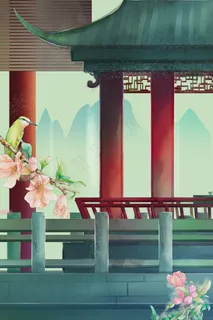 中国风宫苑夏季石榴花鸟山水古风场景庭院 中国风宫苑夏季石榴花鸟山水古风场景庭院