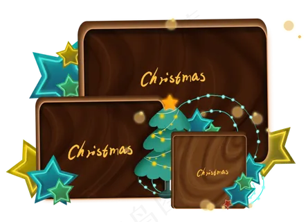 圣诞节星星木纹发光文字框,免抠元素