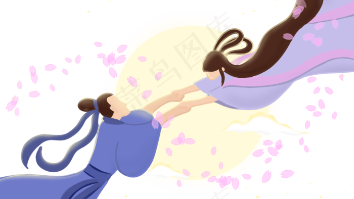 七夕情人节牛郎织女卡通插画,免抠元素