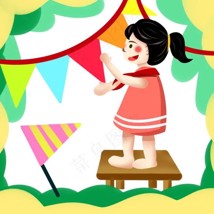 儿童节扁平风手绘挂彩旗的小女孩(2000X2000(DPI:96))psd模版下载