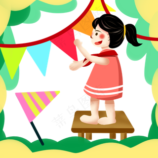 儿童节扁平风手绘挂彩旗的小女孩