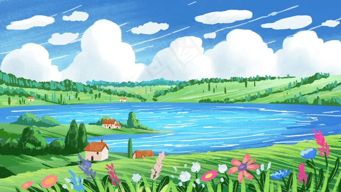 夏日乡下湖边环境房屋子风景(2880*1620px 300 dpi )psd模版下载