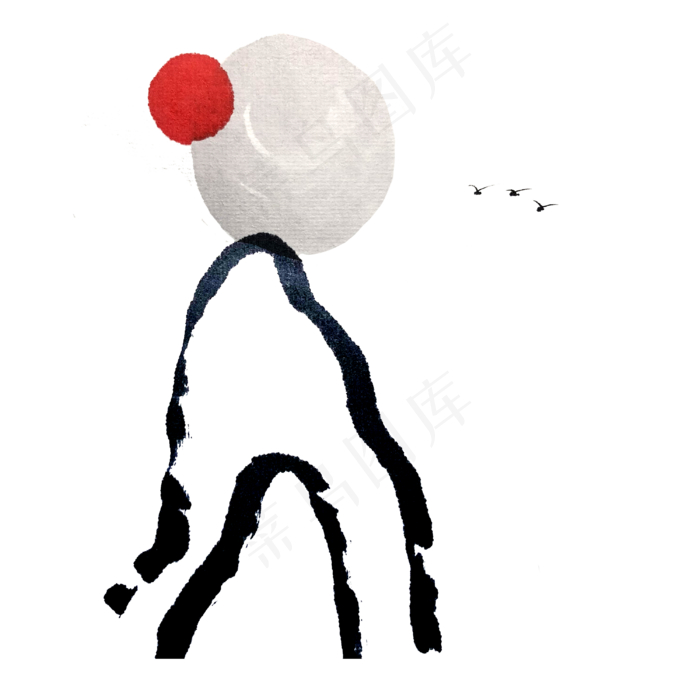 水墨线条简约山水国画墨迹红日PNG,免抠元素