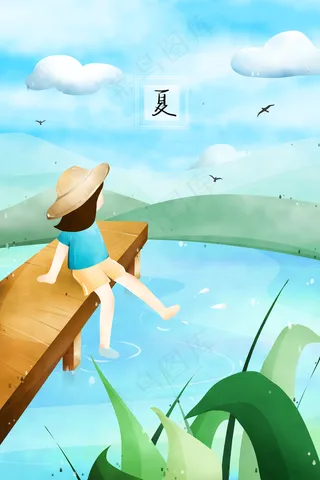 戴着帽子的小女孩坐在独木桥上玩水