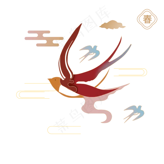鼠年喜庆春燕中国风新年装饰红金,免抠元素(3000X3000(DPI:300))psd模版下载