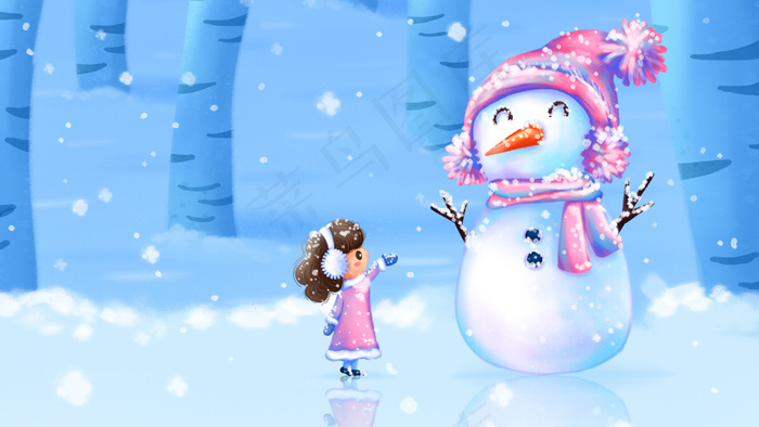 二十四节气小寒冬天下雪雪人女孩