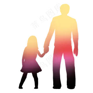 彩色创意父亲牵着孩子的手剪影