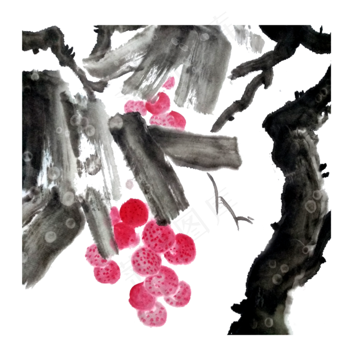水墨国画荔枝妃子笑水果PNG(3000X3000(DPI:300))psd模版下载