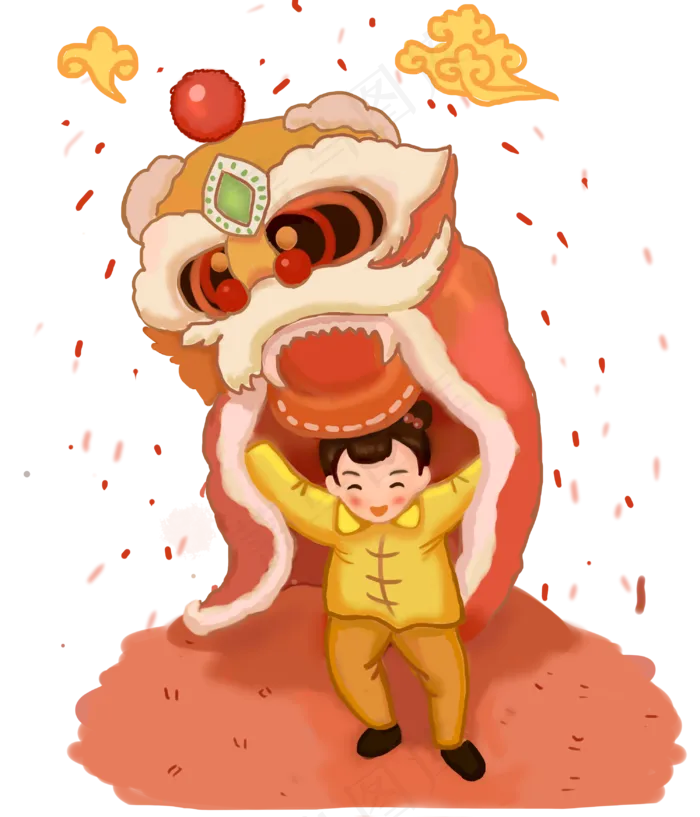 元宵节舞狮的小男孩,免抠元素(3000X3500(DPI:300))psd模版下载